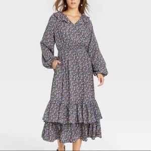(S)- Universal Thread Purple Floral Balloon Long Sleeve Ruffle Collar Dress